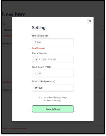 Fill the desired escrow lost and found settings