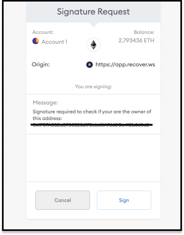 Metamask window to verify signature