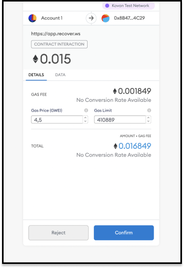 Metamask window with transaction details